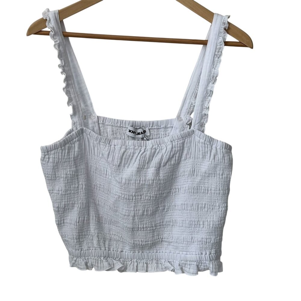 DKNY Jeans Smocked Ruffle Straps Crop Top Cotton Gauze Tank Coquette Pull-On XL